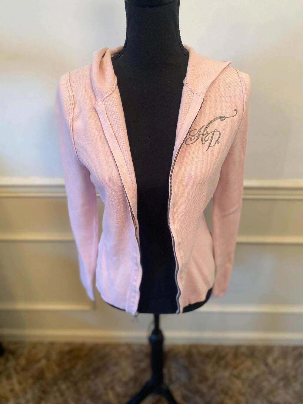 Light Pink Harley Davidson Knit Sweater Jacket Rhinestone Button Sleeve Zip